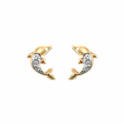 9ct Gold  CZ Solitaire Dolphin Stud Earrings - JES283
