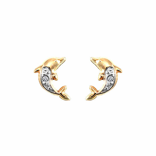 9ct Gold  CZ Solitaire Dolphin Stud Earrings - JES283