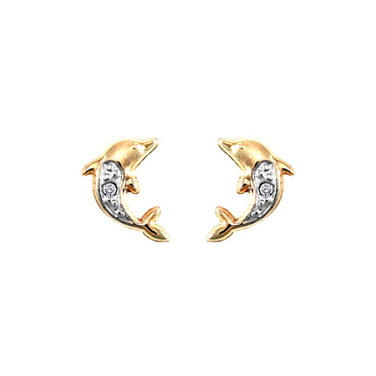 9ct Gold  CZ Solitaire Dolphin Stud Earrings - JES283