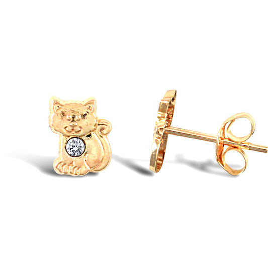 9ct Gold  CZ Cat Kitten Solitaire Stud Earrings - JES284