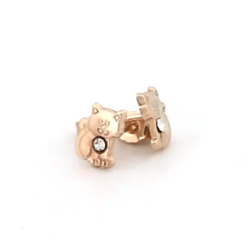 9ct Gold  CZ Cat Kitten Solitaire Stud Earrings - JES284