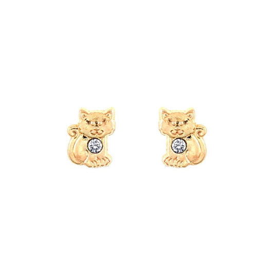 9ct Gold  CZ Cat Kitten Solitaire Stud Earrings - JES284