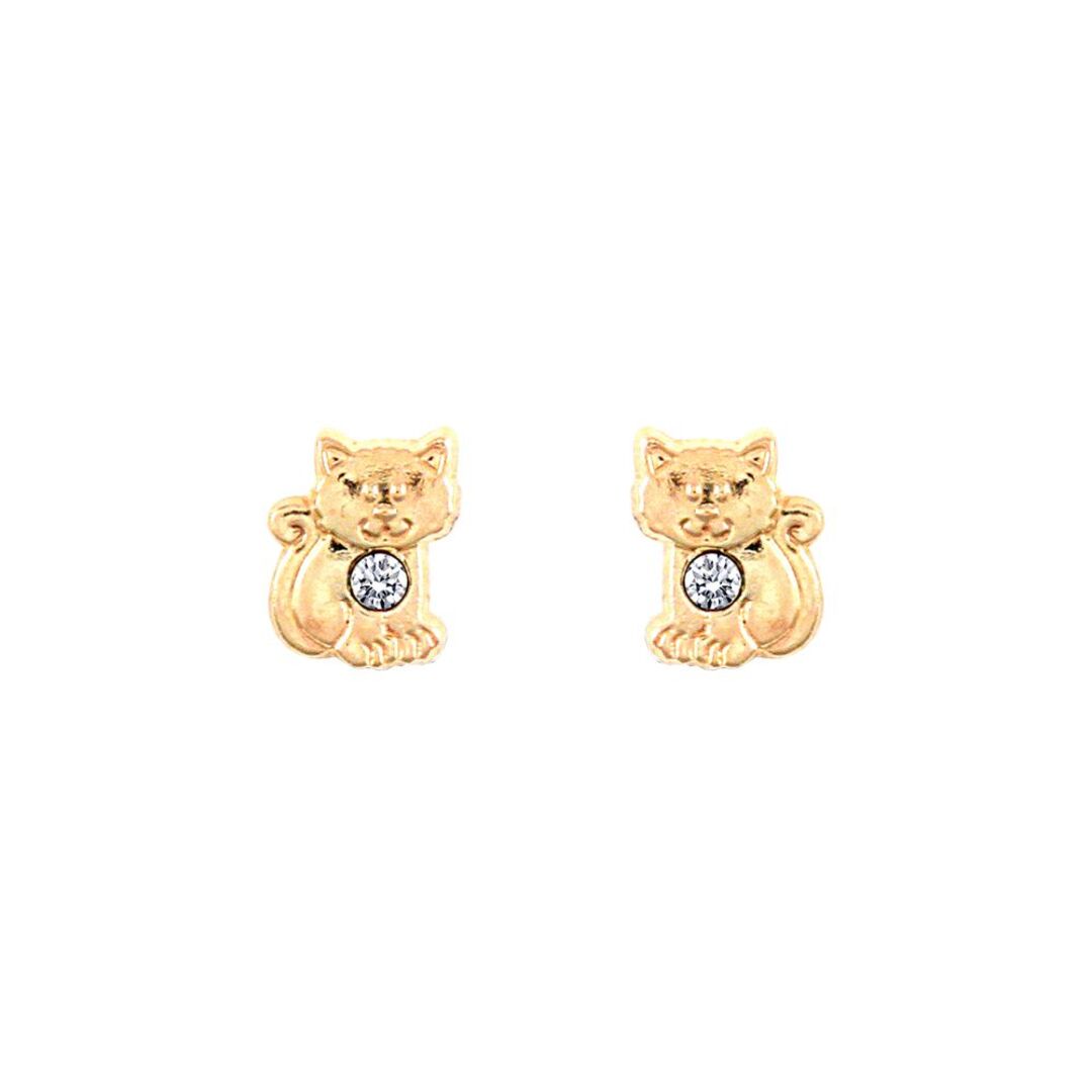 9ct Gold  CZ Cat Kitten Solitaire Stud Earrings - JES284