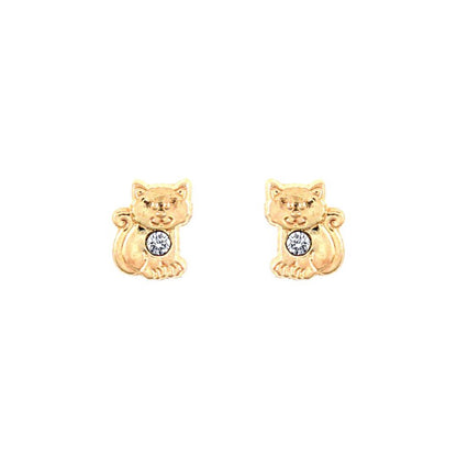 9ct Gold  CZ Cat Kitten Solitaire Stud Earrings - JES284