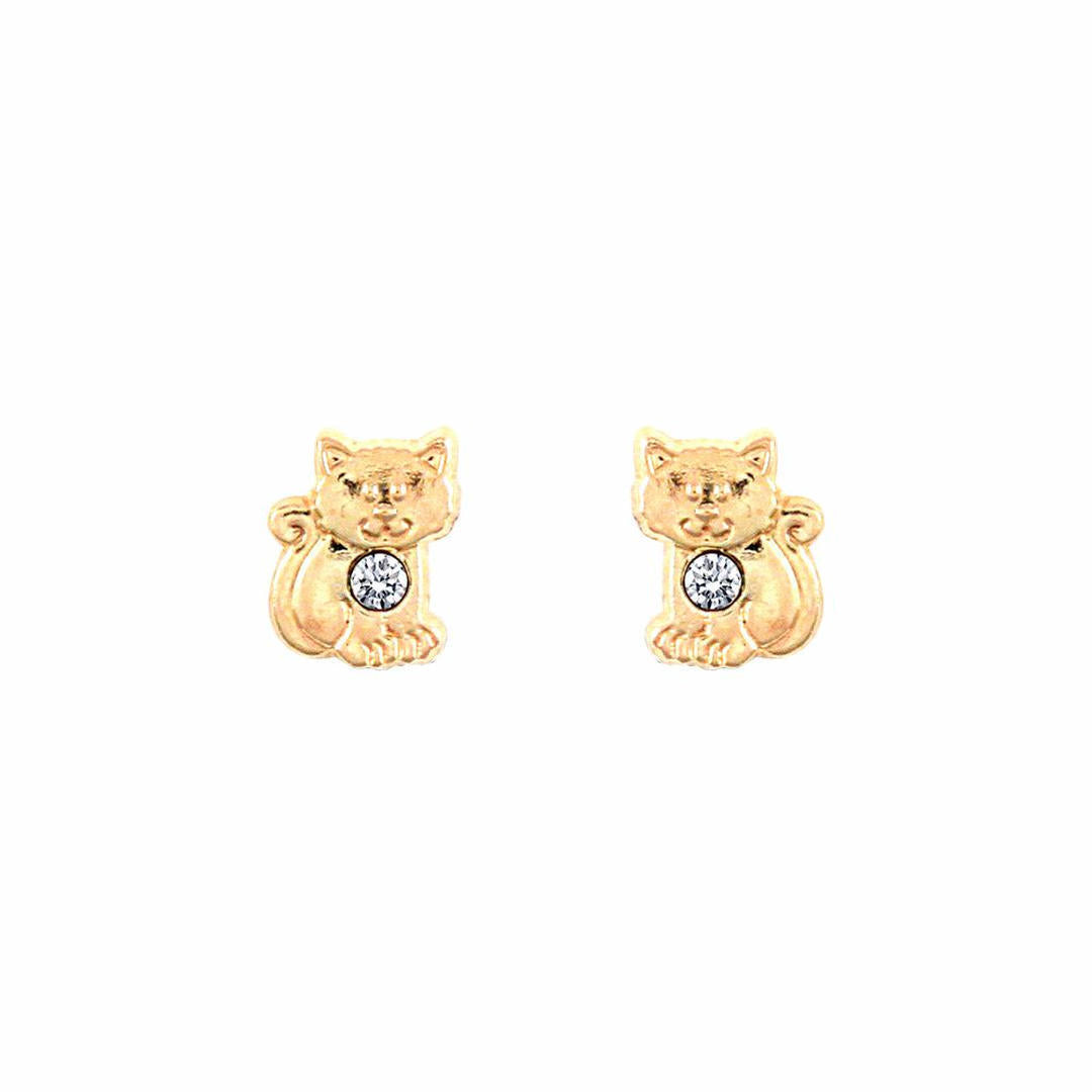 9ct Gold  CZ Cat Kitten Solitaire Stud Earrings - JES284