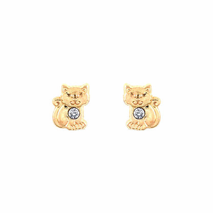 9ct Gold  CZ Cat Kitten Solitaire Stud Earrings - JES284