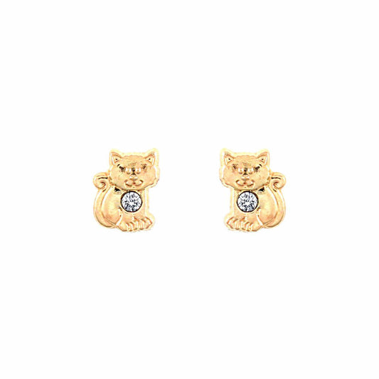 9ct Gold  CZ Cat Kitten Solitaire Stud Earrings - JES284