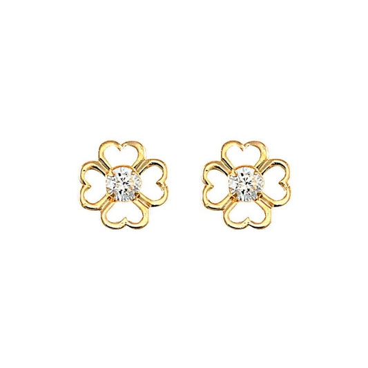 9ct Gold  CZ Heart Clover Flower Petal Stud Earrings 3mm 0.20CTS - JES294