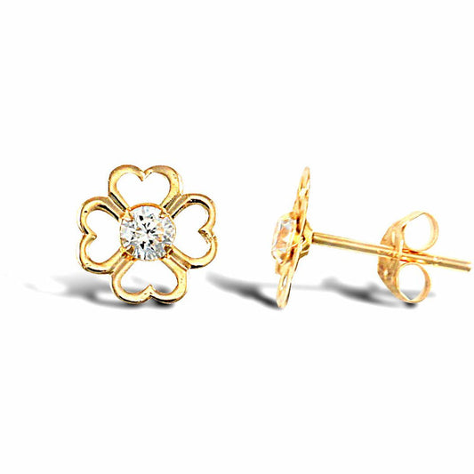 9ct Gold  CZ Love Heart Clover Flower Petal Stud Earrings - JES294