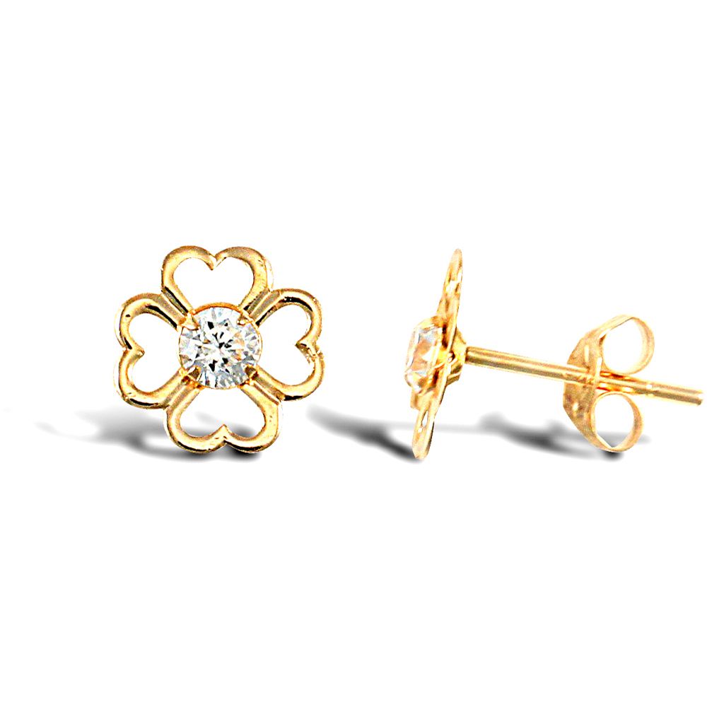 9ct Gold  CZ Love Heart Clover Flower Petal Stud Earrings - JES294