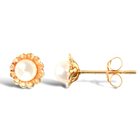 9ct Gold  Pearl Flower Stud Earrings 3.5-4mm - JES297