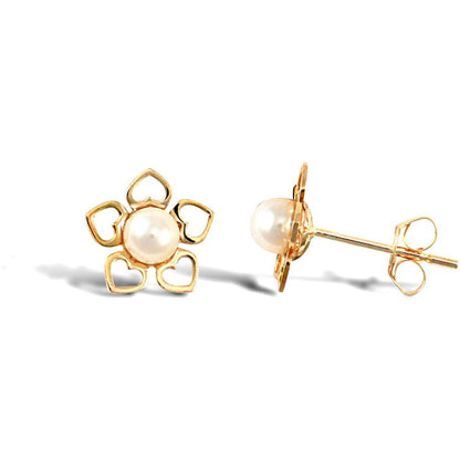 9ct Gold  Pearl Flower Stud Earrings 3.5-4mm - JES299