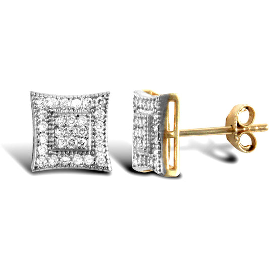 9ct Gold  CZ Concaved Square Halo Style Stud Earrings - JES301