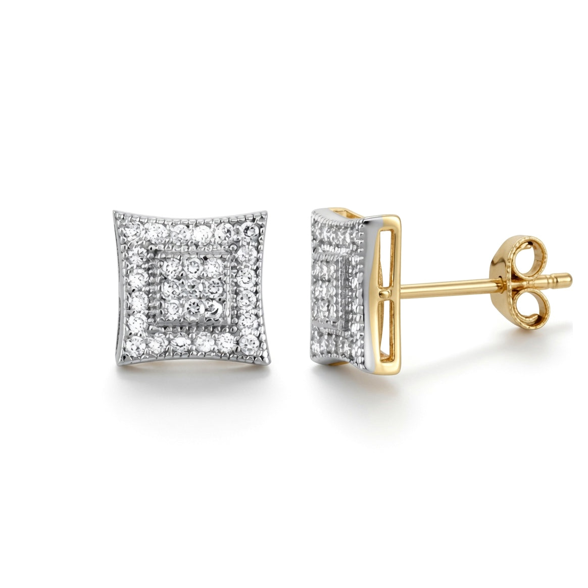9ct Gold  CZ Concaved Square Halo Style Stud Earrings - JES301
