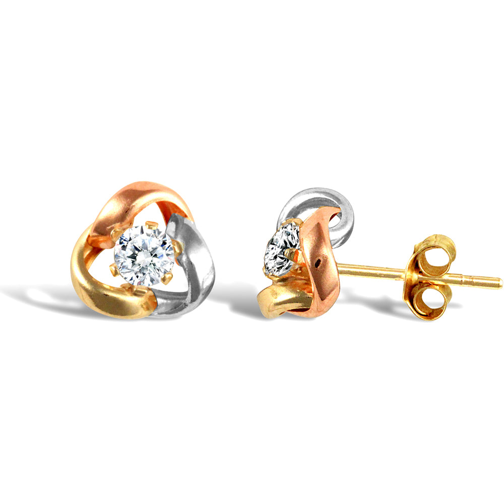 9ct 3-Colour Gold  CZ Love Knot Solitaire Stud Earrings - JES322