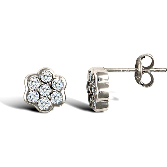 9ct White Gold  CZ 7 Stone Cluster Stud Earrings - JES325