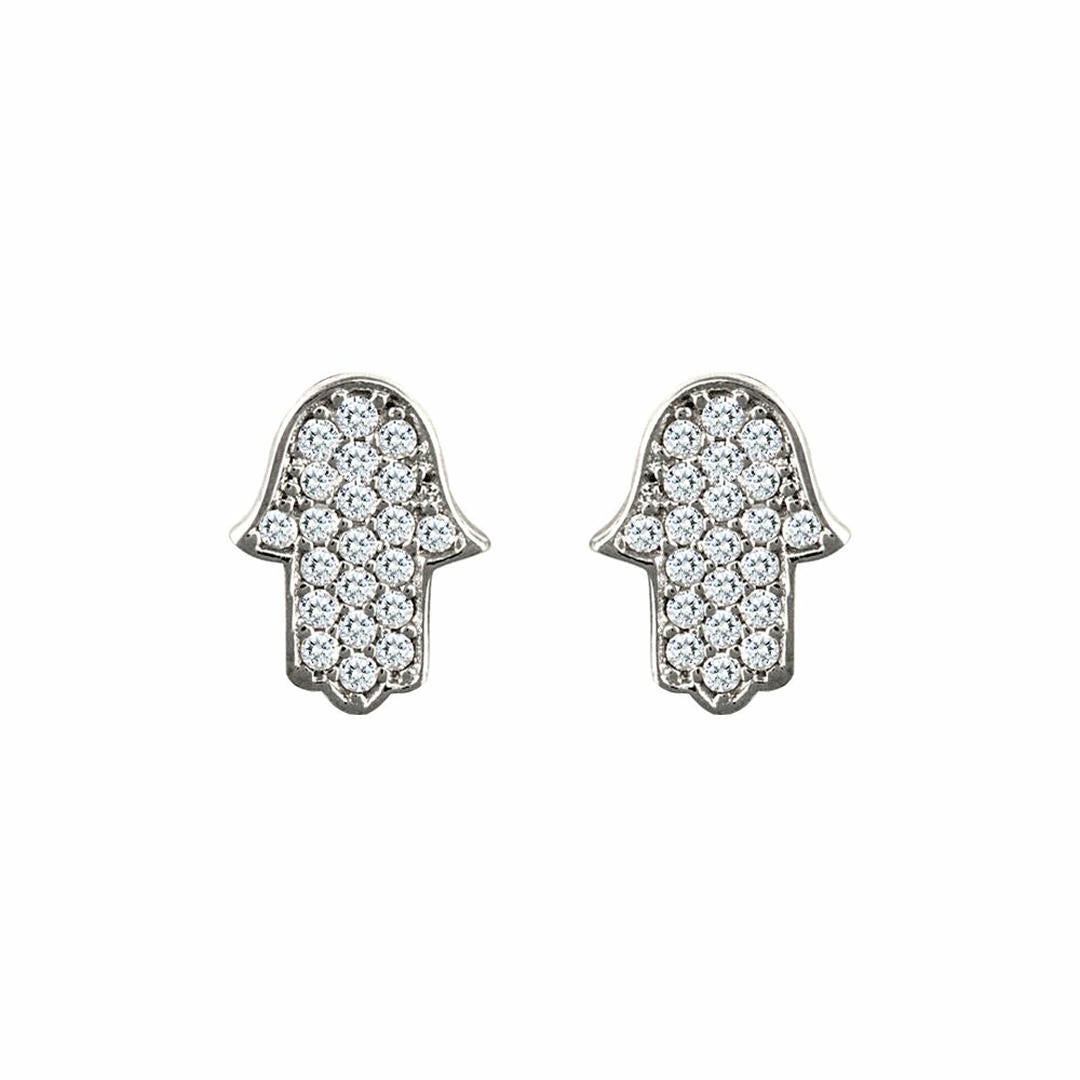 9ct White Gold  CZ Chamsa Hand Stud Earrings - JES326