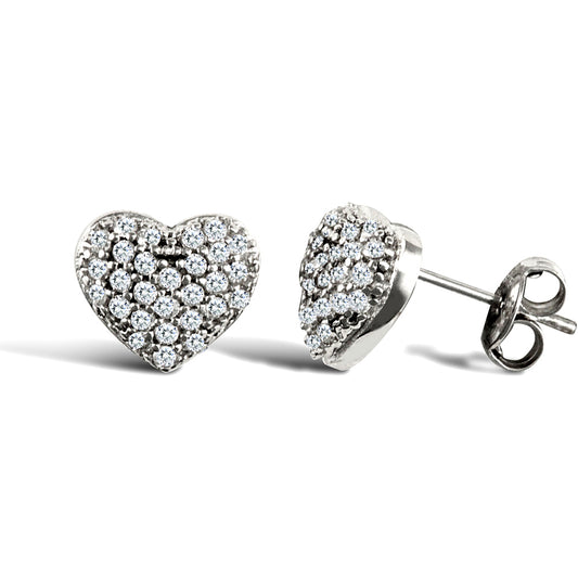 9ct White Gold  CZ Domed Pave Love Stud Earrings - JES329