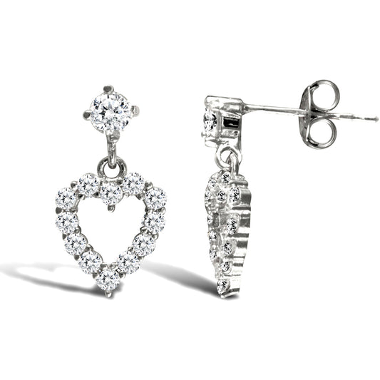 9ct White Gold  CZ Love Stud Drop Earrings - JES331