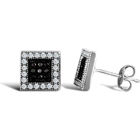 9ct White Gold  Black and White CZ Square Stud Earrings - JES332