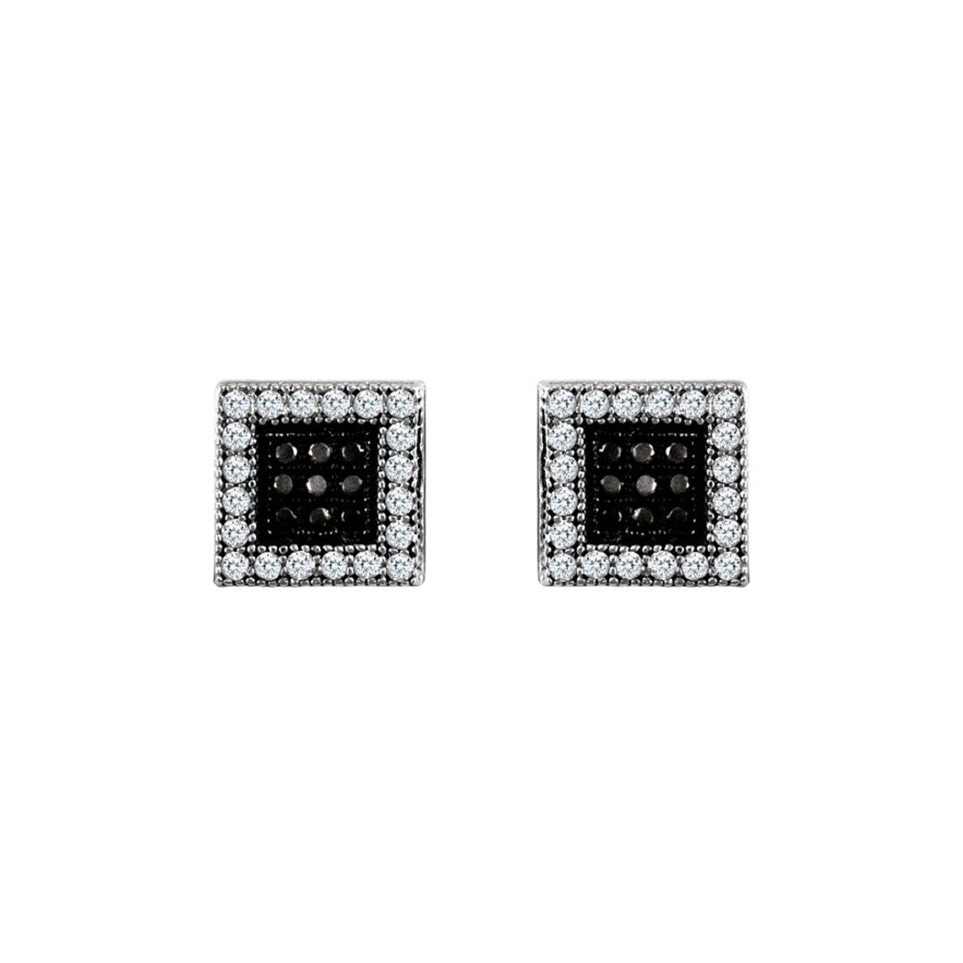 9ct White Gold  Black and White CZ Square Stud Earrings - JES332