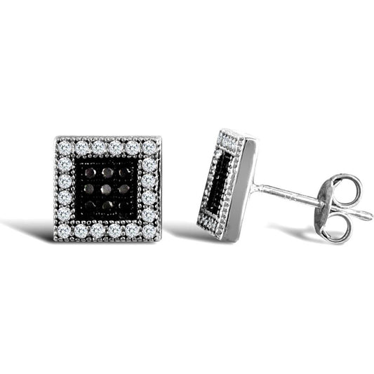 9ct White Gold  Black and White CZ Square Stud Earrings - JES332