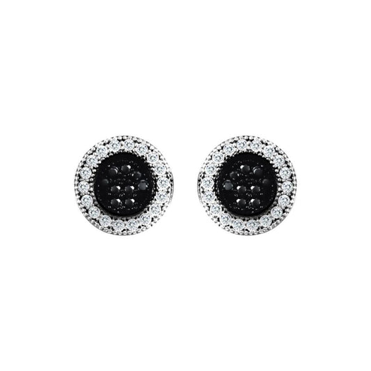 9ct White Gold  Black and White CZ Circle Disc Stud Earrings - JES333