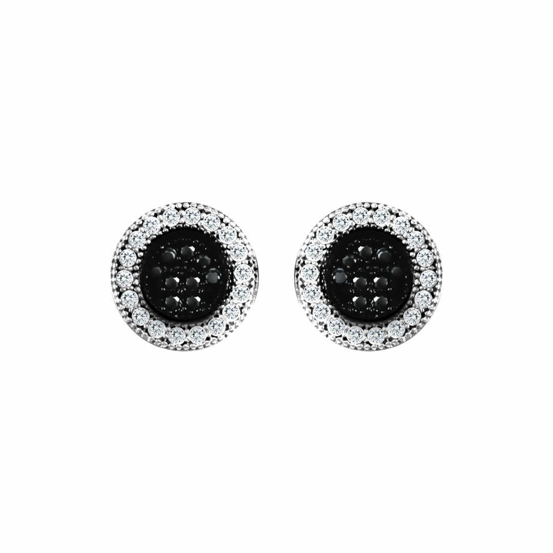 9ct White Gold  Black and White CZ Circle Disc Stud Earrings - JES333