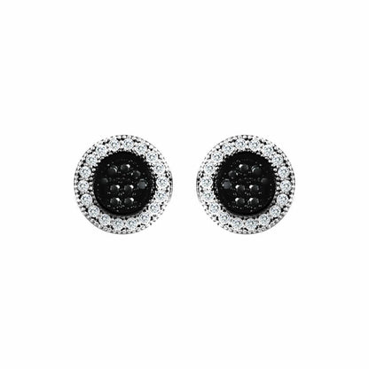 9ct White Gold  Black and White CZ Circle Disc Stud Earrings - JES333
