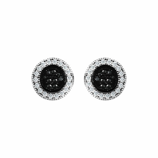 9ct White Gold  Black and White CZ Circle Disc Stud Earrings - JES333