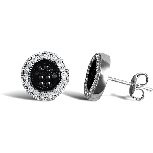 9ct White Gold  Black and White CZ Circle Disc Stud Earrings - JES333