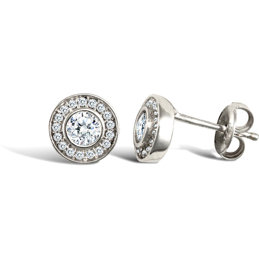 9ct White Gold  CZ Round Halo Stud Earrings - JES337