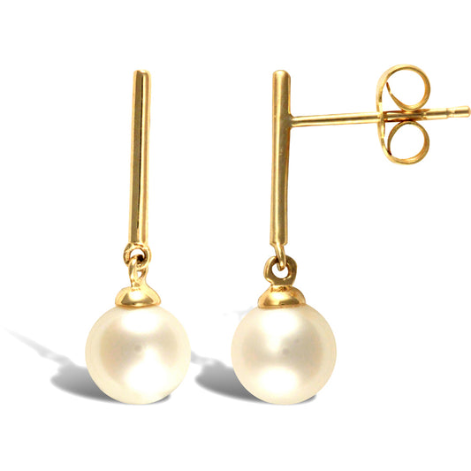 9ct Gold  Akoya Pearl Bar Stud Drop Earrings 6.5-7mm - JES341