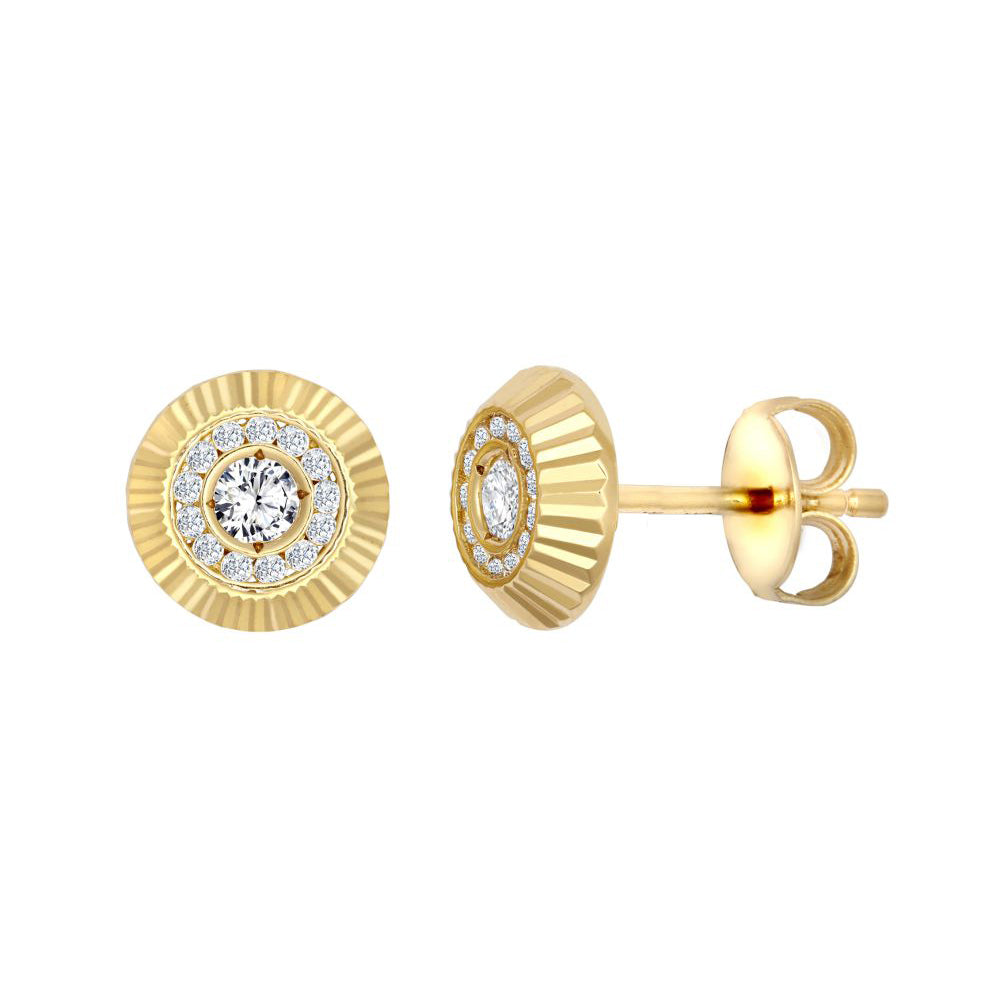 9ct Gold  CZ Fluted Bezel Sunburst Stud Earrings, 8mm - JES347