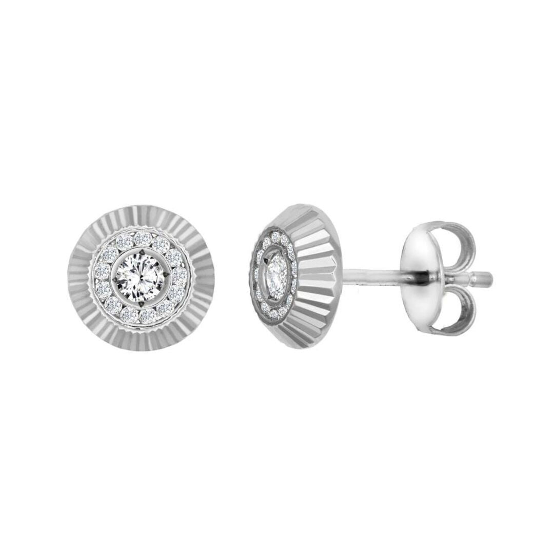 9ct White Gold  CZ Fluted Bezel Stud Earrings, 8mm - JES349