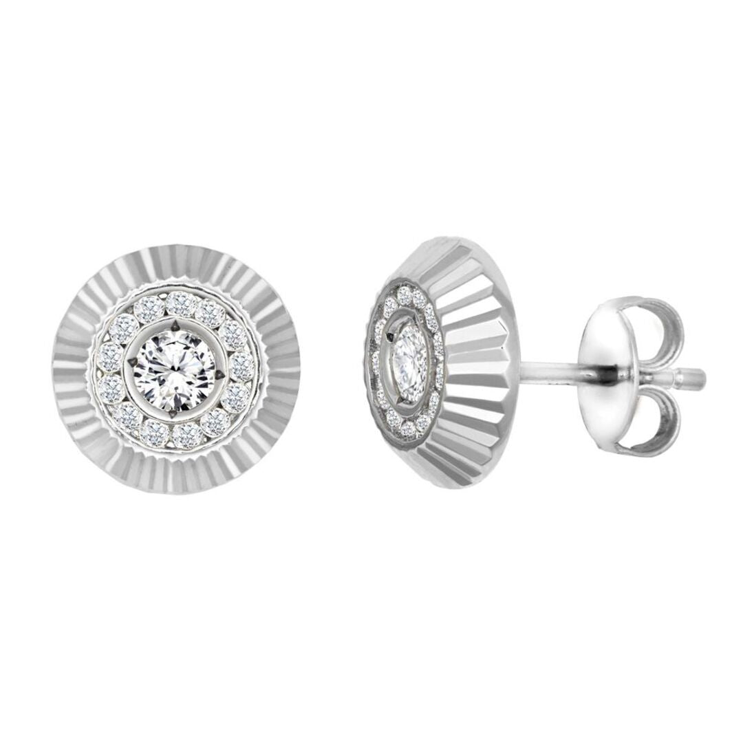 9ct White Gold  CZ Fluted Bezel Stud Earrings, 10mm - JES350