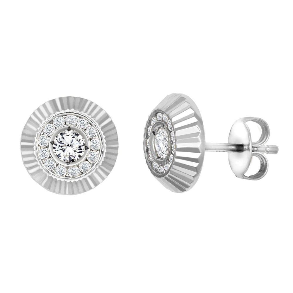 9ct White Gold  CZ Fluted Bezel Sunburst Stud Earrings, 10mm - JES350