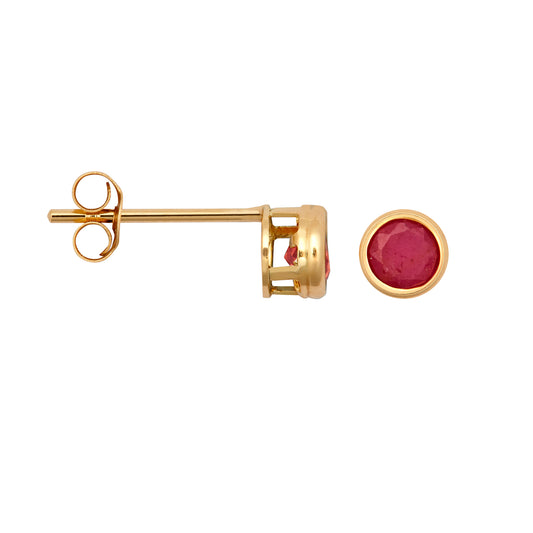 9ct Gold  Red Ruby Bezel Solitaire Stud Earrings, 3mm - JES353