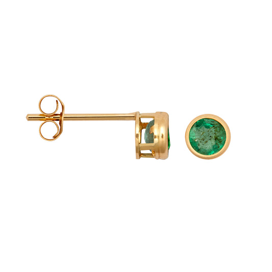 9ct Gold  Green Emerald Bezel Solitaire Stud Earrings, 3mm - JES355