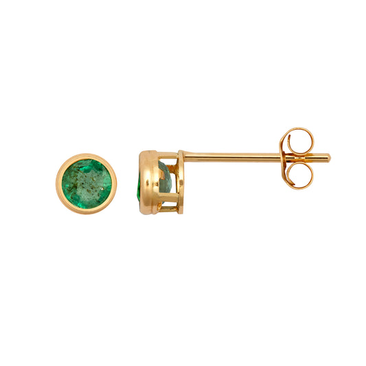 9ct Gold  Green Emerald Bezel Solitaire Stud Earrings, 3mm - JES355