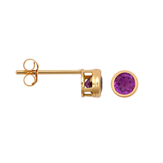 9ct Gold  Purple Amethyst Bezel Solitaire Stud Earrings, 3mm - JES356