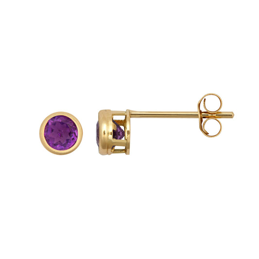 9ct Gold  Purple Amethyst Bezel Solitaire Stud Earrings, 3mm - JES356