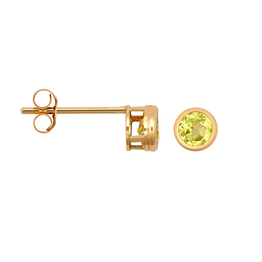9ct Gold  Light Green Peridot Bezel Solitaire Stud Earrings, 3mm - JES357
