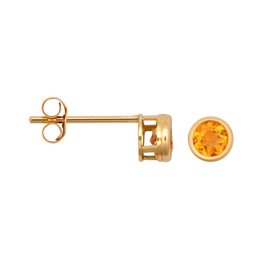 9ct Gold  Amber Citrine Bezel Solitaire Stud Earrings, 3mm - JES360