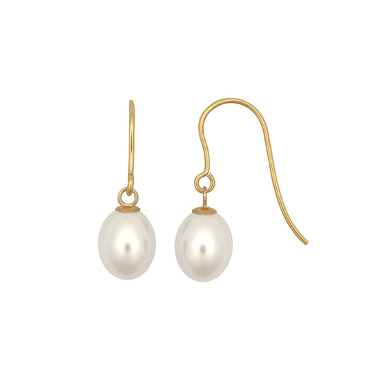 9ct Gold  Oval Pearl Egg Shell Drop Earrings 7mm - JES365