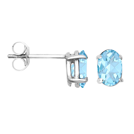 9ct White Gold  Blue Oval Topaz Solitaire Stud Earrings 6x4mm - JES370