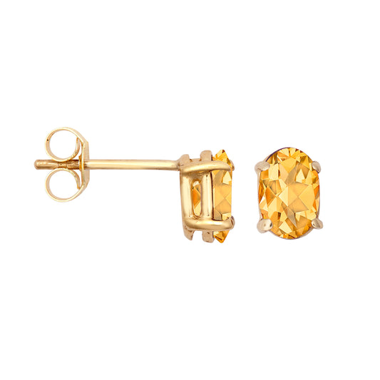 9ct Gold  Amber Oval Citrine 4 Claw Solitaire Stud Earrings, 6x4mm - JES371