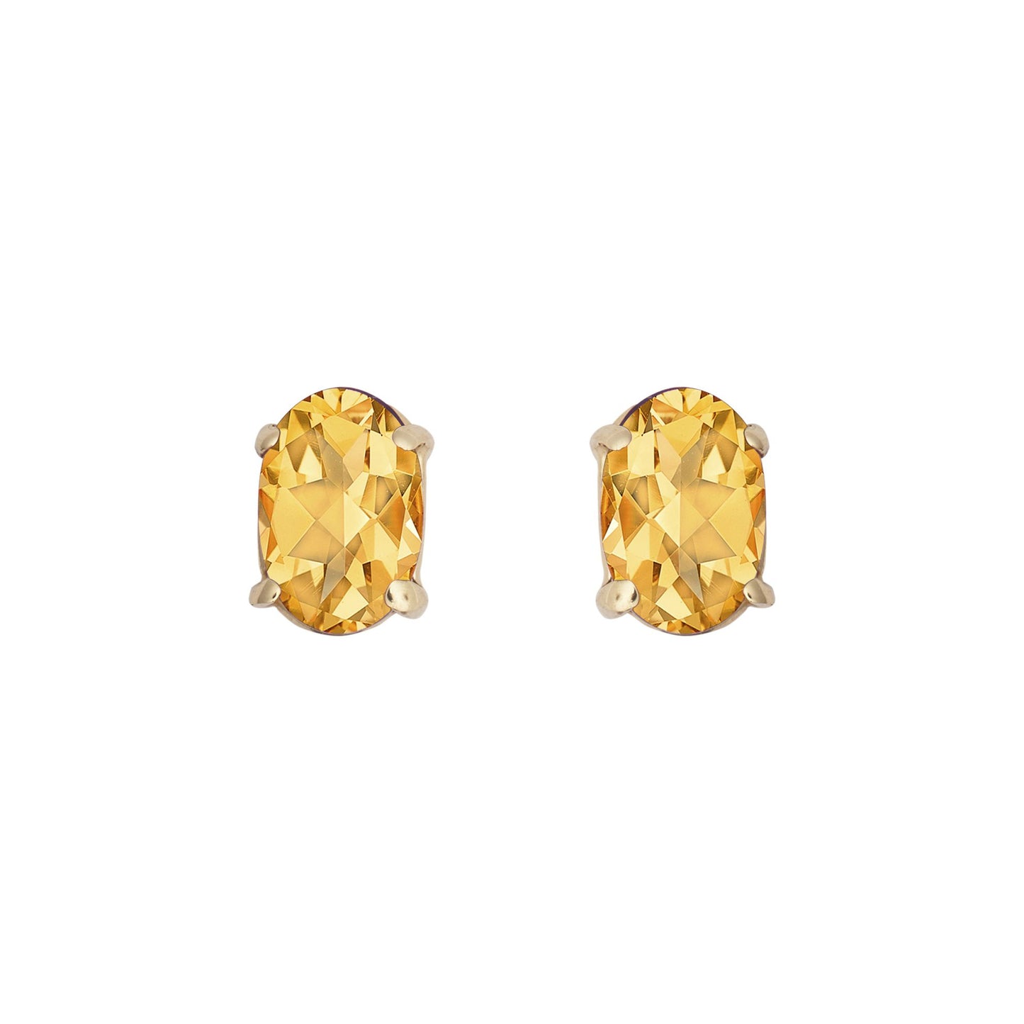 9ct Gold  Amber Oval Citrine 4 Claw Solitaire Stud Earrings, 6x4mm - JES371