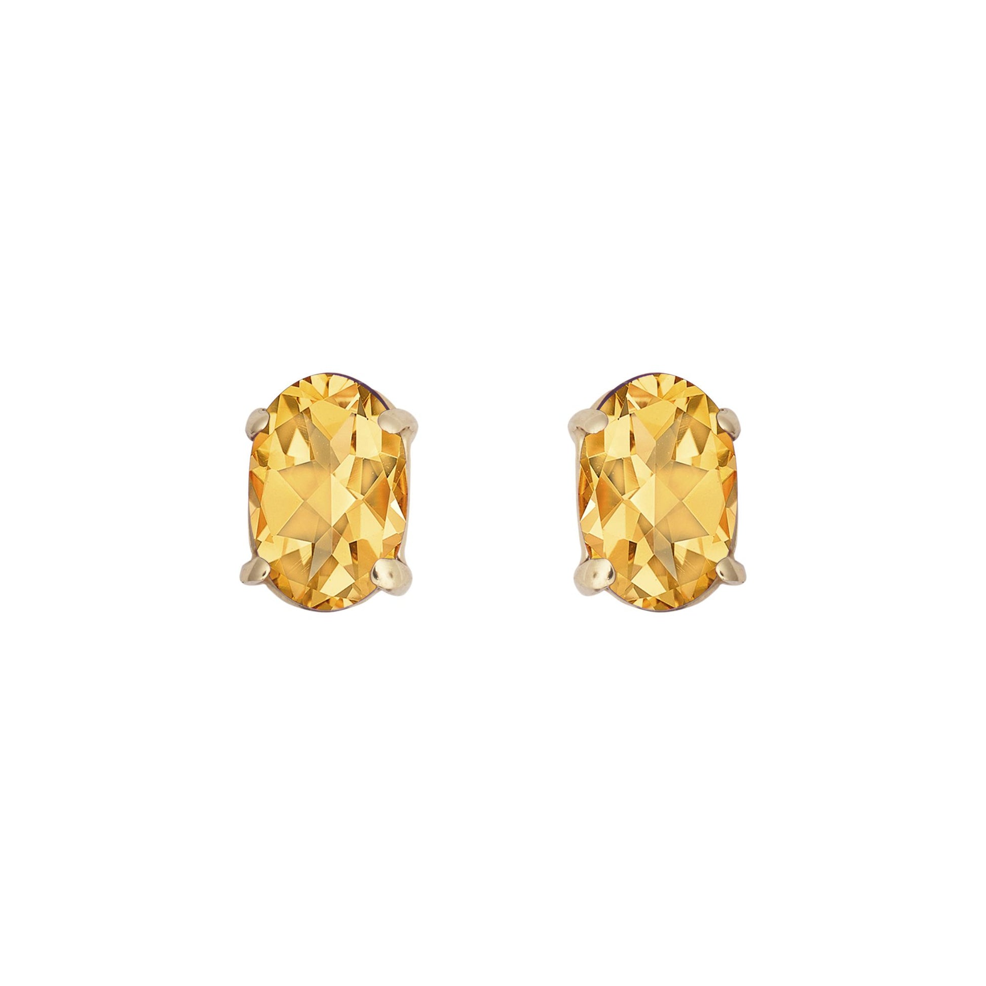 9ct Gold  Amber Oval Citrine 4 Claw Solitaire Stud Earrings, 6x4mm - JES371