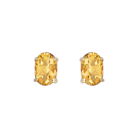 9ct Gold  Amber Oval Citrine 4 Claw Solitaire Stud Earrings, 6x4mm - JES371